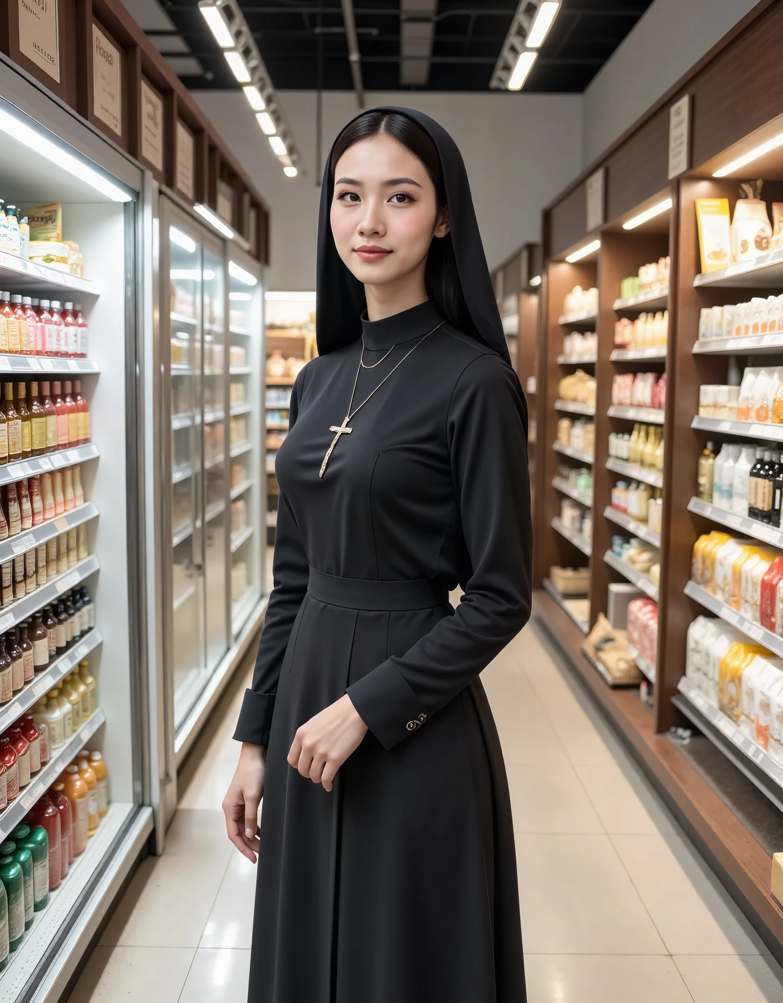 Professional photography, cinematic composition, a beautiful Asian girl in modest black nun costume with a cross necklace, she is selecting groceries with gentle smile, she has hourglass figure, set in modern supermarket, high key lighting, well-lit, 8K, UHD, intricate detailed