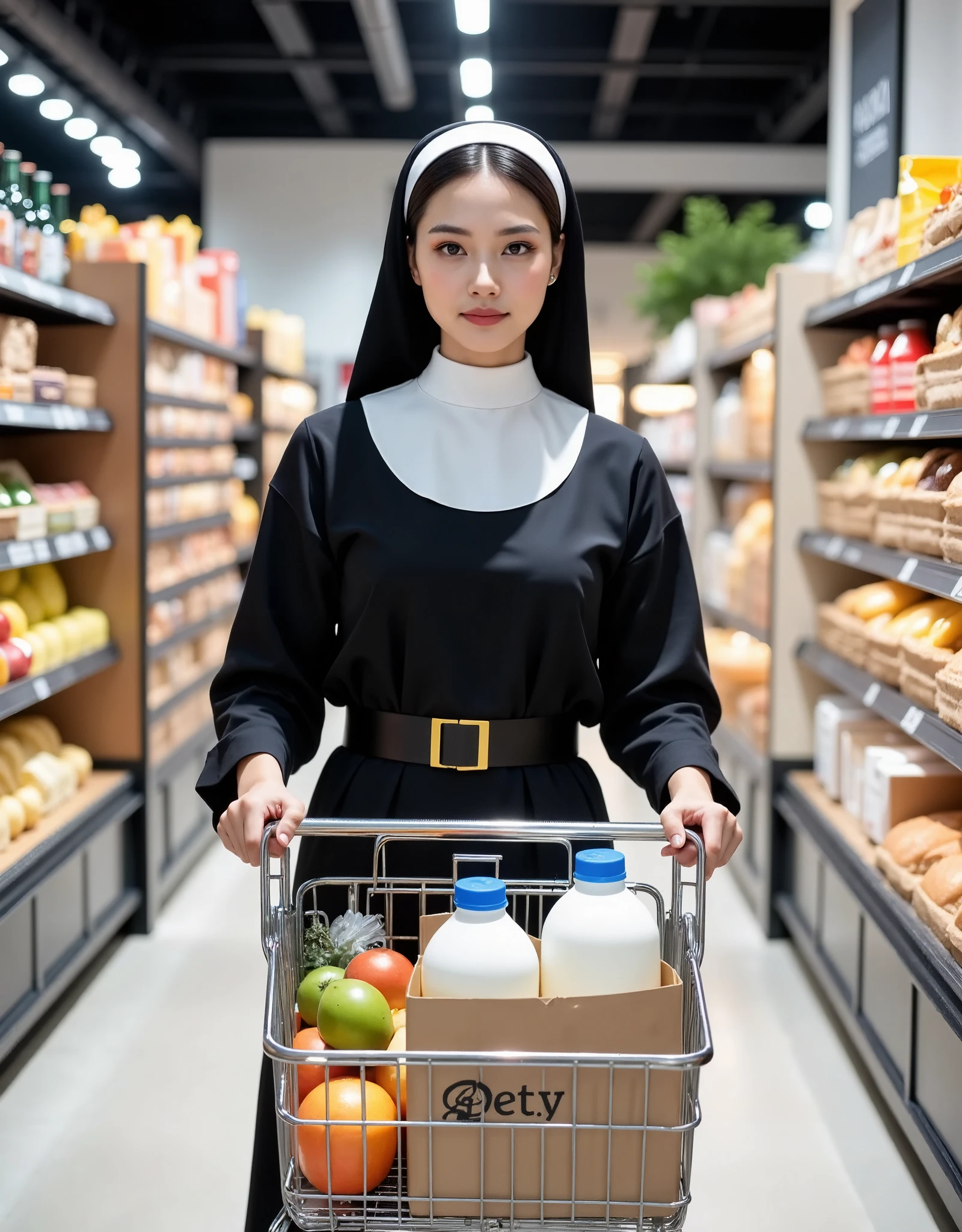 Professional photography, cinematic composition, a beautiful girl in nun costume, calmly pushing a shopping cart, cart has everyday groceries—fruits, bread, a bottle of milk, selecting groceries with gentle smile, set in modern supermarket, high key lighting, well-lit, 8K, UHD, intricate detailed