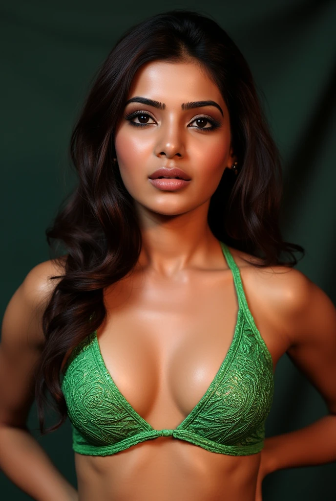 a beautiful detailed Samantha Ruth Prabhu with green pattern triangle bikini,extremely detailed face and eyes, long eyelashes, beautiful lips, bold and confident look, photorealistic, 8k, high quality, vivid colors, studio lighting, volumetric lighting, cinematic, dramatic lighting, intricate details