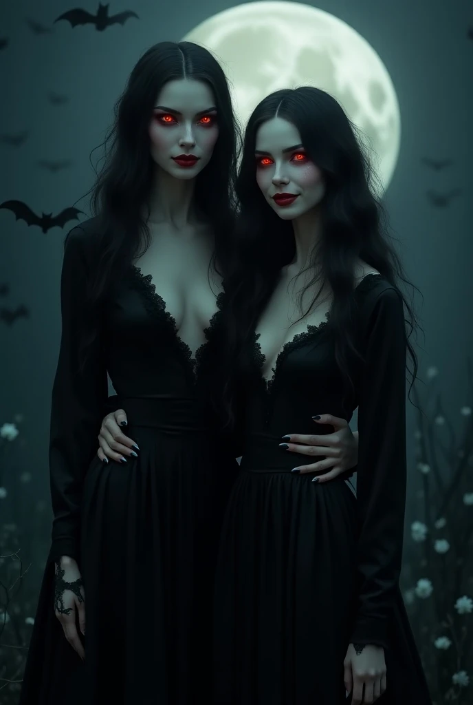 a vampire girl, long dark hair, pale shoulders, pale angular face, deep red glowing eyes, moonlight, long black dress, lace details, fitted bodice, dark cloak, pale skin, deep red lips, sharp fangs, night, creature of darkness, hunting