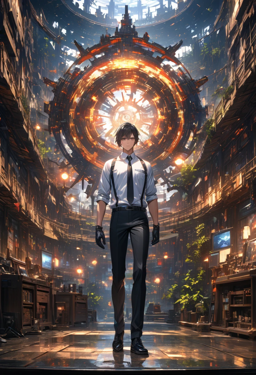 1 boy, wearing a white button-up shirt with a black tie, black suspenders over the shirt, black gloves, black pants, full body, detailed background, (best quality, masterpiece, 4k, 8k, uhd, hdr, ultra-detailed,vivid colors, studio lighting, full body, physically-based rendering, sharp focus, professional), perfect body, whole body