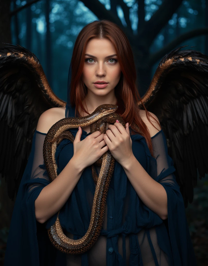  front view .  full body image , cinematic lighting , Beautiful French woman with perfect body , big breasts  , STRAIGHT RED WET HAIR , wet skin ,green eyes ,looking at the camera . large ANGEL wings with detailed BLACK and copper feathers, barefoot.  NAKED COVERED WITH TRANSPARENT AND WET DARK BLUE TUNIC WITH HOOD THAT COVERS HER HEAD OF OLD AND BROKEN FABRIC  .   HOLDING WITH ONE HAND a copper-colored snake with a detailed head curled around HER NECK   ,THE BACKGROUND IS A BLACK AND BLUE FOREST 
