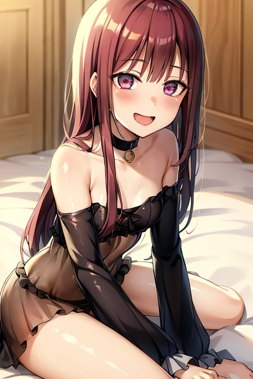 ((Best Quality)), ((masterpiece)), (be familiar with),  perfect face, indoor, bedroom,  is watching viewers,
One woman,  Kitakawa Kaiumi,
 characters with open mouth , Ecstatic expression, blush, smile,
Small breasts,  flat chest, , ,  s, Girl,
Long Hair,  long hair,
Leg spread,