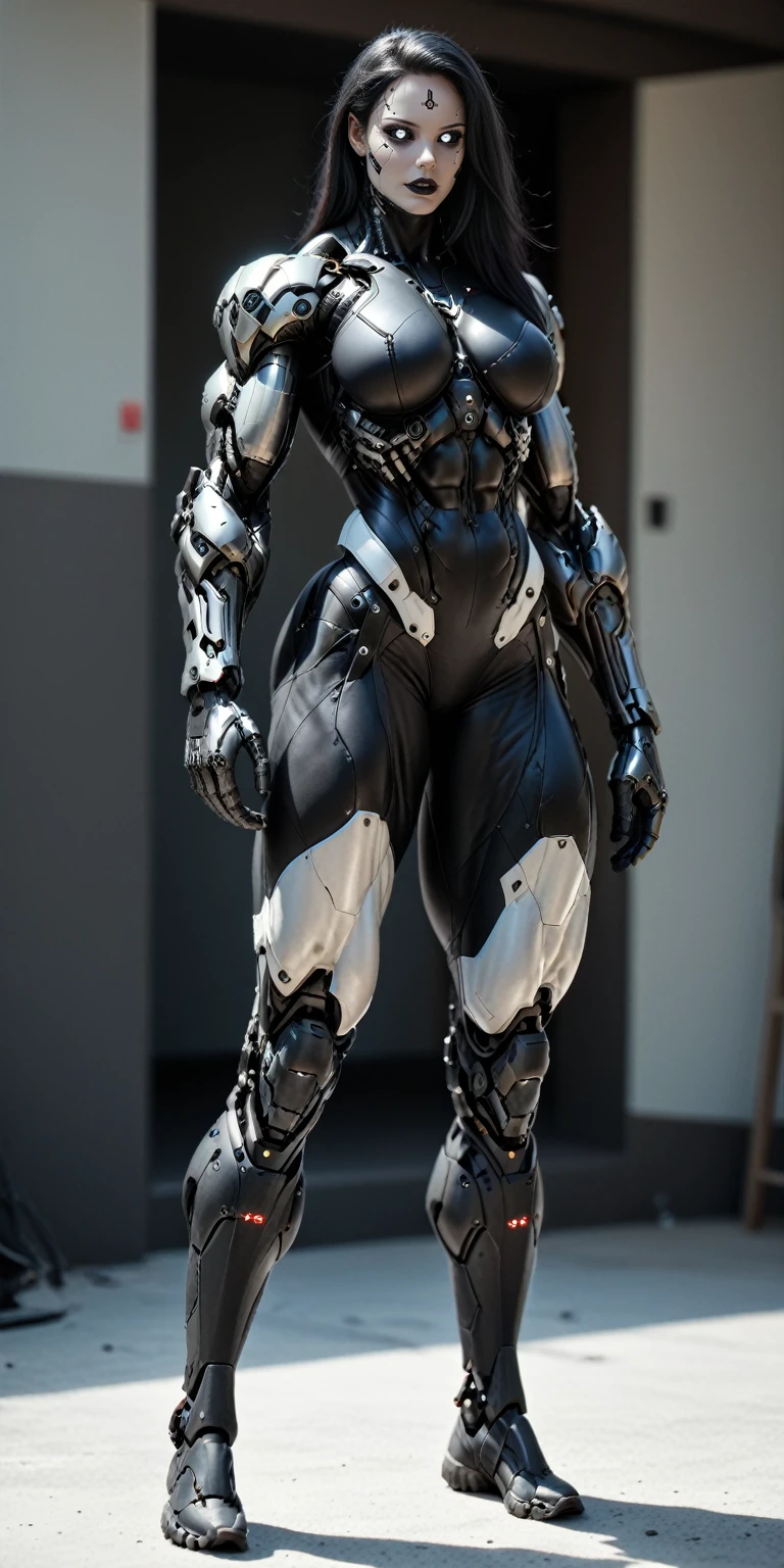 score_9, score_8_up, score_7_up, photo, photorealistic, Gorgeous sexy muscular (skinny) cyborg girl, (white eyes, black sclera:1.5), (full cyborg mechaExosuit:1.45), (black metallic cyborg arms, legs, thighs, & torso:1.75), goth makeup,  sinozick style, (skinny legs:0.75), (full body view:1.45), (veiny muscles, huge oversized muscular arms, muscular flat pecs, bodybuilder physique:1. 45), (beautiful girl face:1.25)