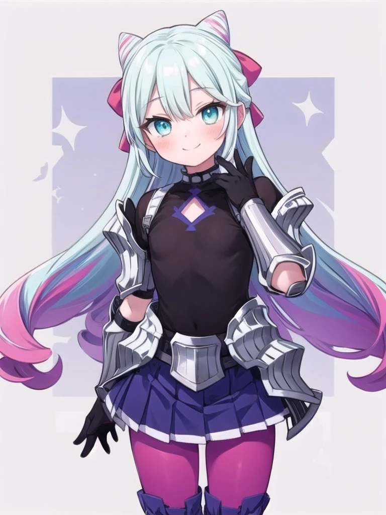 solo, masterpiece, best quality, perfect hands, long hair, cyan hair, cyan eyes, smile, blush, closed mouth, rosado, otoko no ko, cowboy shot, armor, cone hair bun, black gloves, purple skirt, pink leggings, armored boots, red hair bow, purple skirt, pleated skirt, multicolored hair, black shirt, flat chest