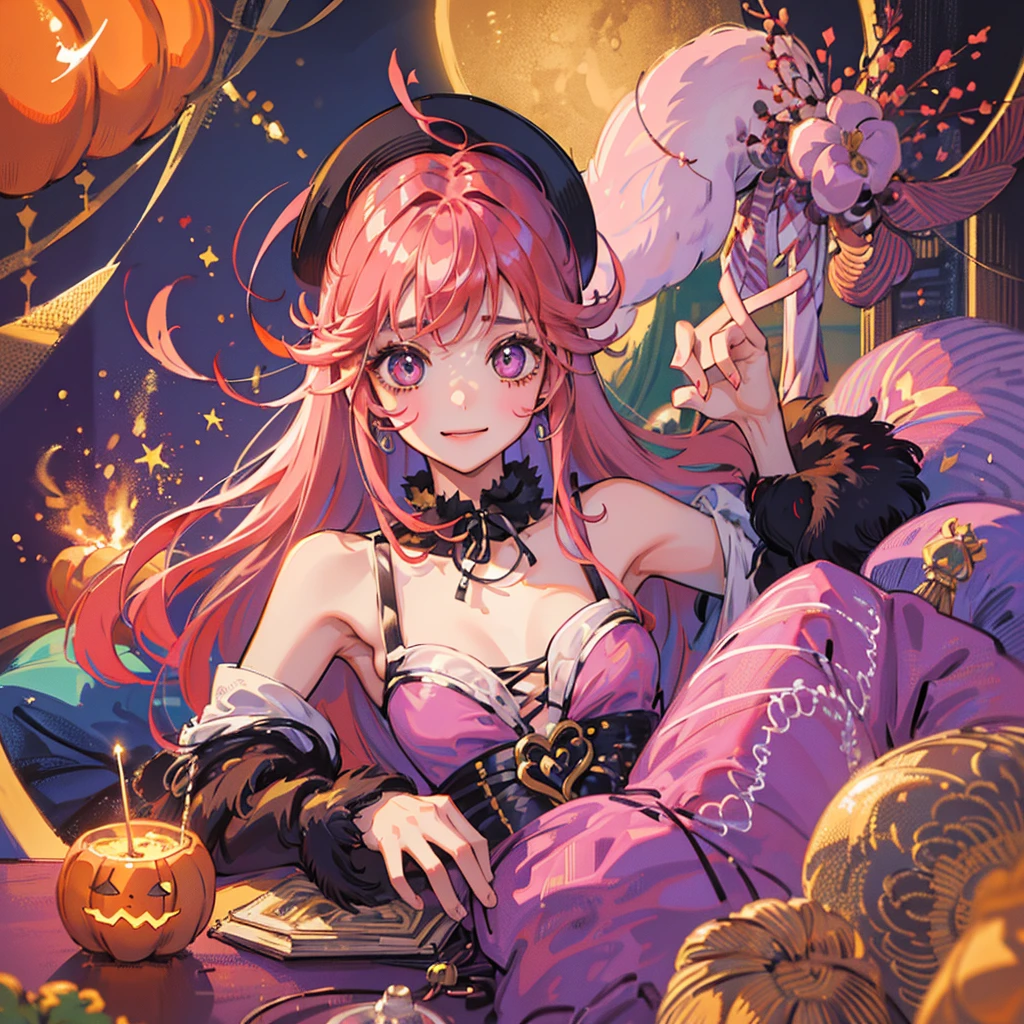  1 girl、 high resolution、masterpiece、 Multiple awards 、 anatomically correct 、Long Hair、 pink hair、Bangs、Straight Hair、smile、 pink eyes、happiness／joy、bright瞳、cute、Condescending、bright、 bust up、For icons、 Halloween のメイドコスチューム、 Halloween 