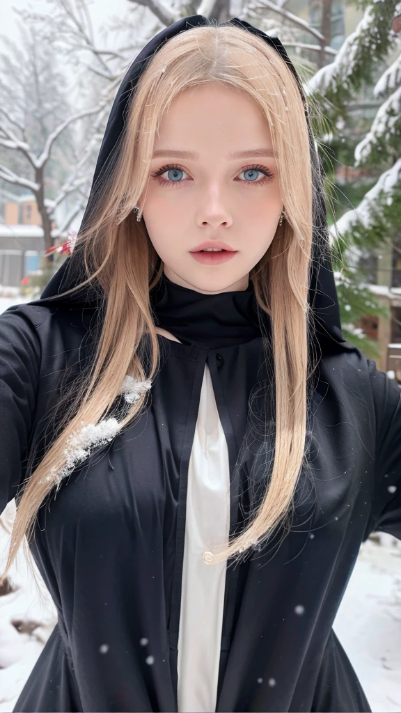 Beautiful girl, blue eyes, long white hair, detailed facial traits, open chest red female dress (nun dress), yurta behind, it's snowing, 