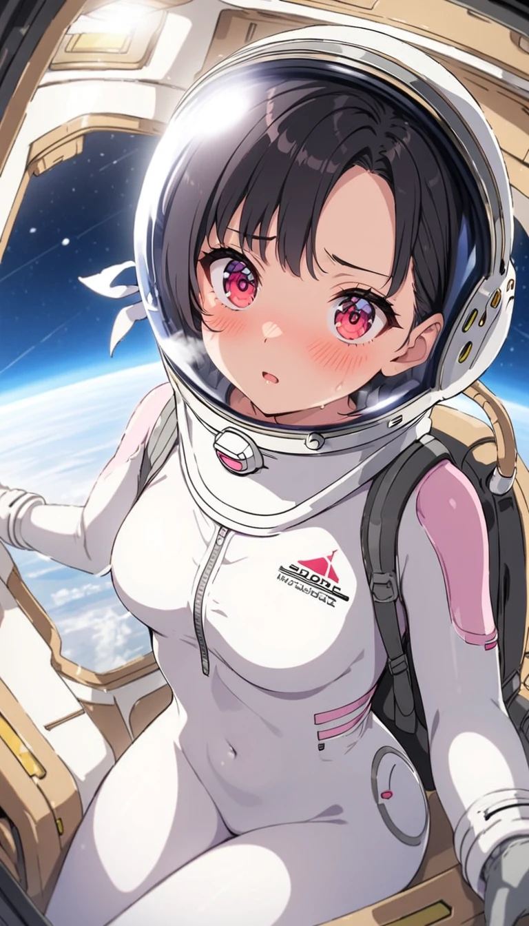 1人of女of子,Alone,short hair,(Space Suit:1.15), Black Hair Space Helmet ,whole body, indoor, masterpiece of the highest quality,  trembling, difficulty breathing, bodysuit,Lumine ,  Bubble Helmets , short hair,  backpack,gloves,blush,internal (cockpit) of (Futuristic spaceship:1.6), Sitting on narraw futuristic spacecraft cockpit seat, Covered navel, short hair