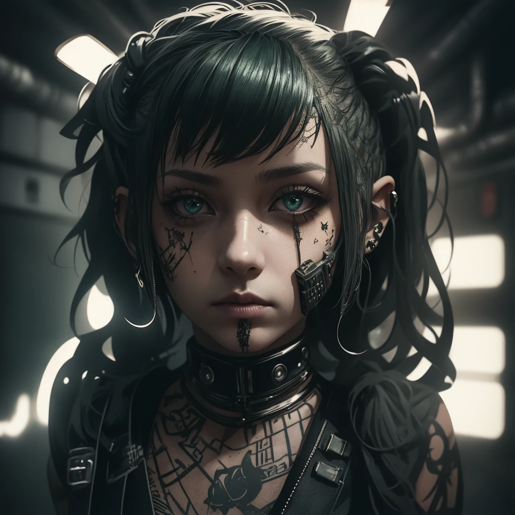 Metalhead girl with dripping black makeup staring at the camera, apocalyptic background, dark, ominous, creepy, cinematic.
