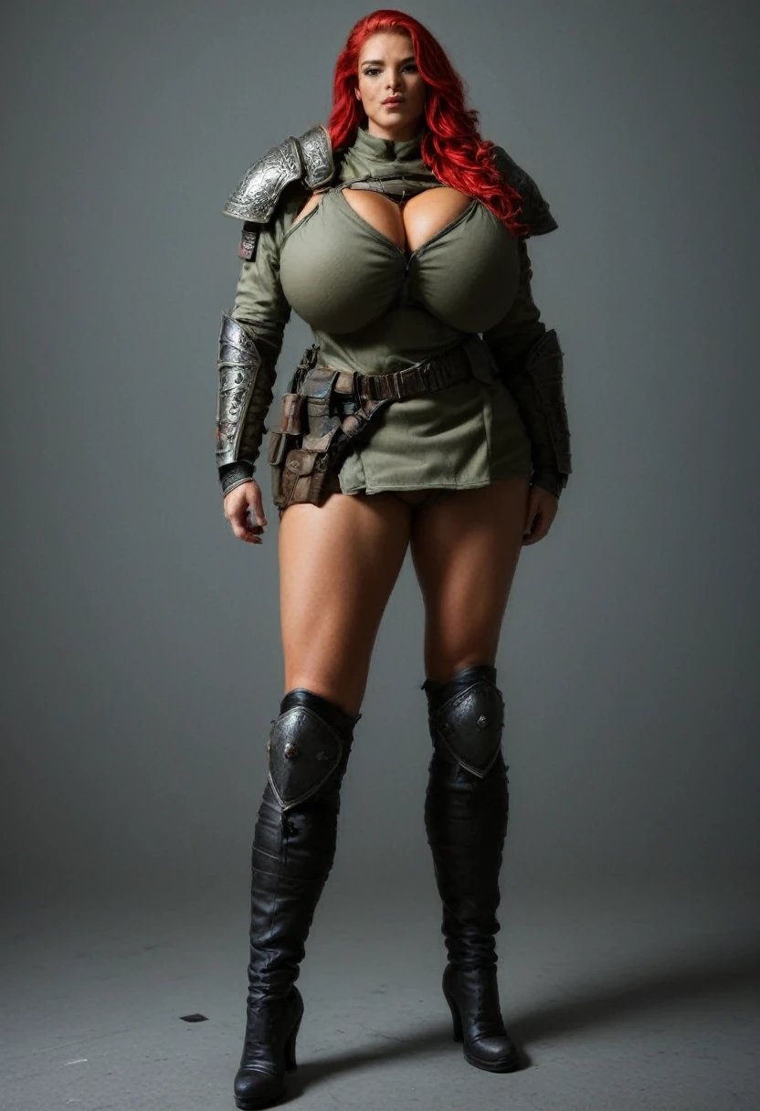 A sexy military futanari with a voluptuous Venus-like figure, huge breasts, full-body view, long red hair, long legs, detailed facial features, military armor, glowing magical aura, dramatic lighting, cinematic composition, (best quality, 8k, highres, masterpiece:1.2), ultra-detailed, realistic, photorealistic, photo-realistic:1.37, dark fantasy, chiaroscuro, dramatic colors, moody atmosphere, no nsfw
