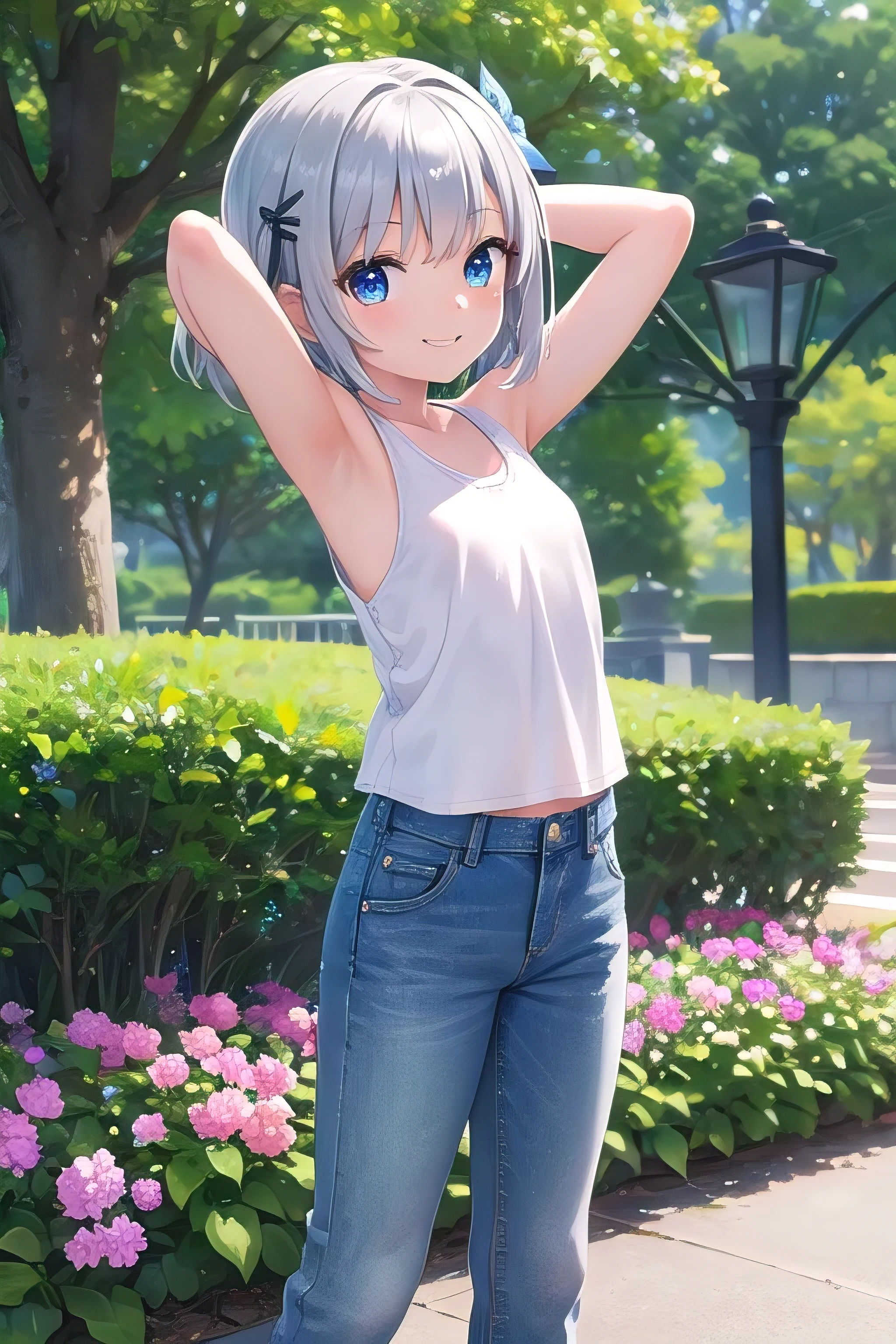 masterpiece,best quality,ultra detail,1girl, ****,petite,smile happy,flower garden,short hair, blue eyes, silver hair, hair ornament, ribbon hair ornament,Raise your arms and behind your head,White teeth, White tank tops, jeans,