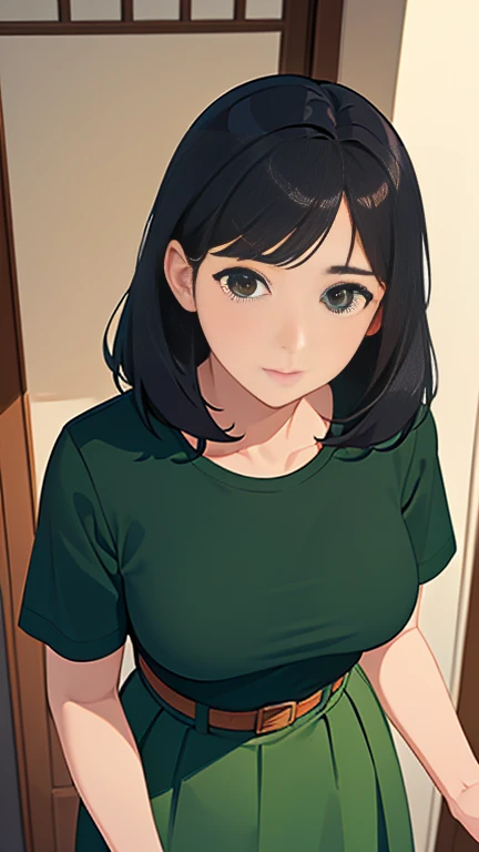 (a portrait with sharp focus and crisp quality, highlighting the subject's facial features), (from above, upper body, looking up),  40 year old single mature woman 、housewife、 waiting with the door open at the bedroom entrance 、Straight medium hair、Black Hair、green t-shirt 　break　 orange long skirt with belt、 Japanese anime style、