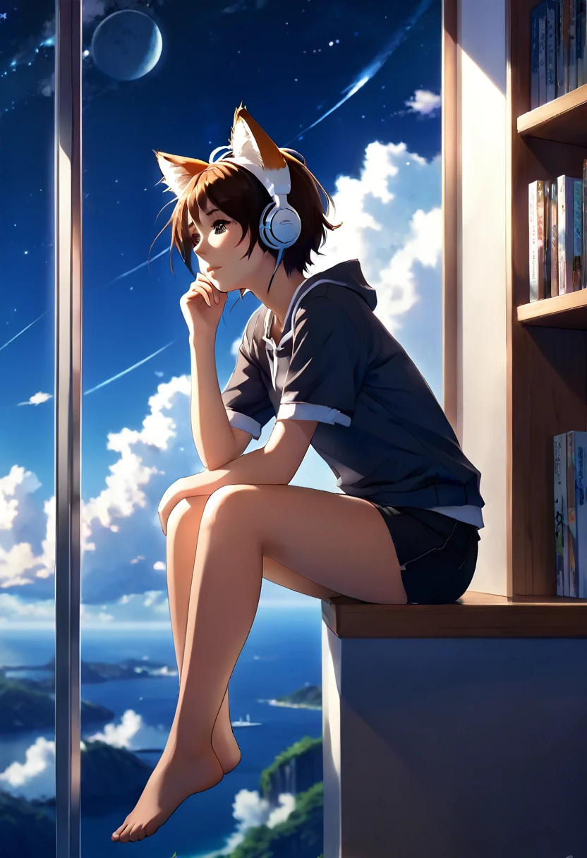 Anime girl with cat ears sitting on a shelf looking at the sky, anime cartoons inspired by Makoto Shinkai,  trend on Pixiv , space art, Makoto Shinkai Cyril Roland, 4k anime wallpapers,   anime art wallpaper 8k ,  anime art wallpaper 4k ,  anime wallpaper 4k,  anime wallpaper 4k,  anime wallpaper 4k furry fox