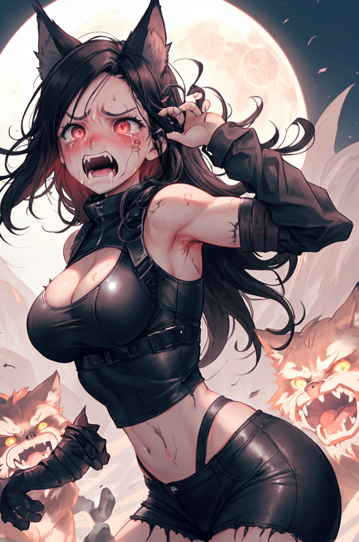 Curvy Woman, natural boobs, hips, ((t-shirt mini dress see through)), hooded, (steampunk armor), in darkness catacombs, strong stance, stockings, puffy nipple, ahegao tongue 