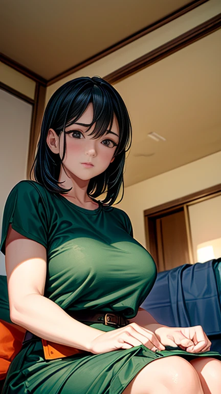 (a portrait with sharp focus and crisp quality, highlighting the subject's facial features), (from below, lower body, looking down),  40 year old single mature woman 、housewife、Sitting on the bed and waiting、Straight medium hair、Black Hair、green t-shirt 　break　 orange long skirt with belt、 Japanese anime style、