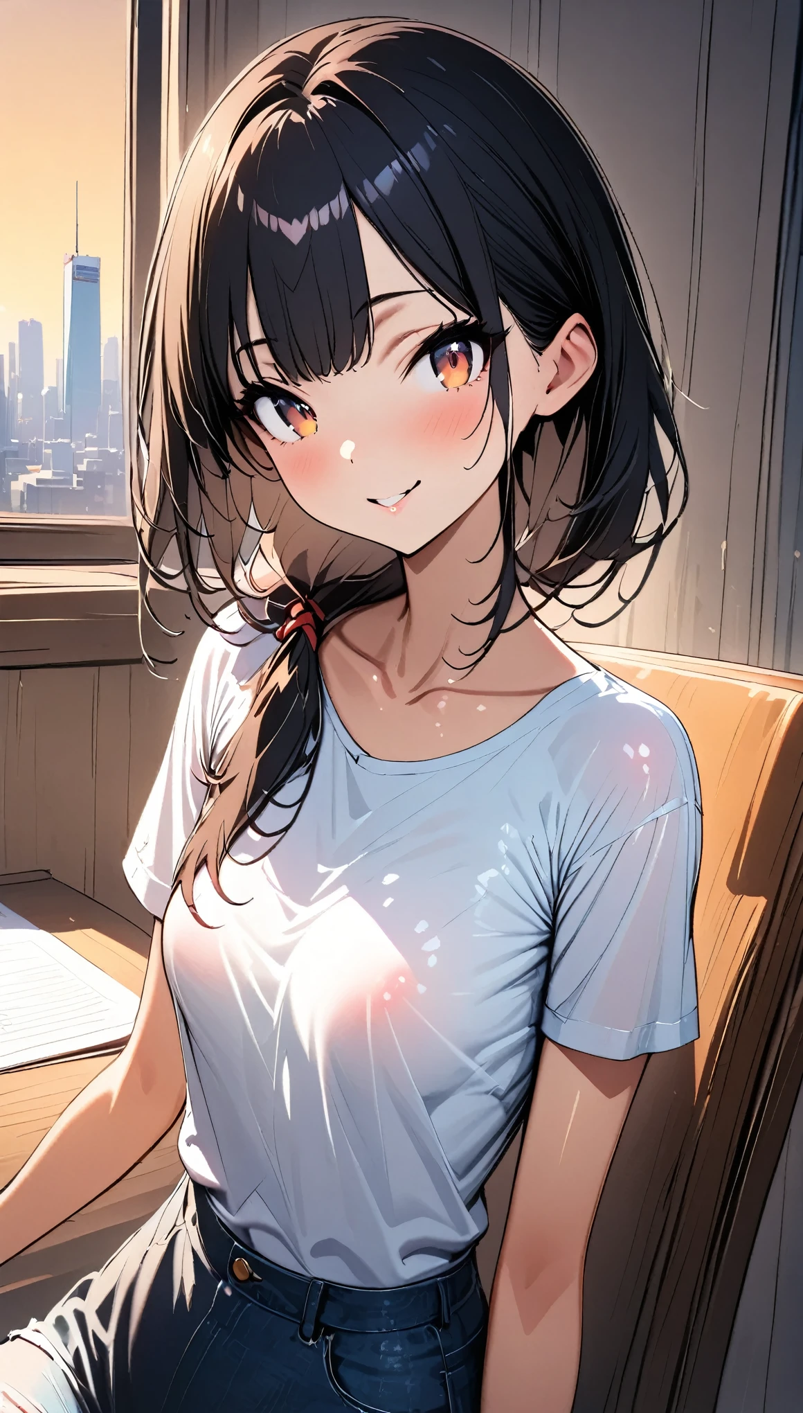 ((masterpiece,Best Quality:1.3,best quality illustrations)),portrait,cowboy shot,1woman,young adult,(low ponytail),red hair tie,long hair,dark blue hair,(very small head),bangs,gorgeous eyes,brown eyes,smile,(very long body),small breasts,White T-shirt、 Denim Shorts 、slender body,toned body,shiny skin,sitting, simple chair、Study Desk 、 Simple 1 Room 、 Sunset Seen Through Window、Tokyo、