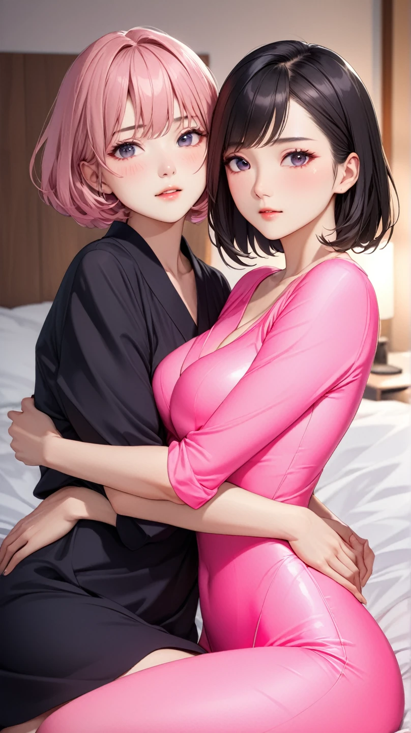 2girls，girl1：bbw、adolable，Black hair，Bob-cut hair，rcasual，Sitting on floor、Kisses and hugs、stare、NOWAI、Girl 2：adolable，A pink-haired，Long grey hair，rcasual。Kisses and hugs、stare、Sitting on floor、NOWAI