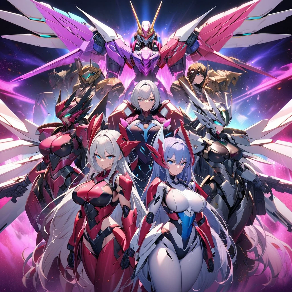 Anime, high detailed, multiple womans, mature womans, mecha armor, large mechanical wings, large Gauntlet, serious, curvy body, long mechanical wings, mecha weapons、Colored armors、magenta Colored aura、BLUE Eyes, elongated pupils,  Mature Woman、magenta aura、womans surrounding, all woman's picture, background the sideral space 