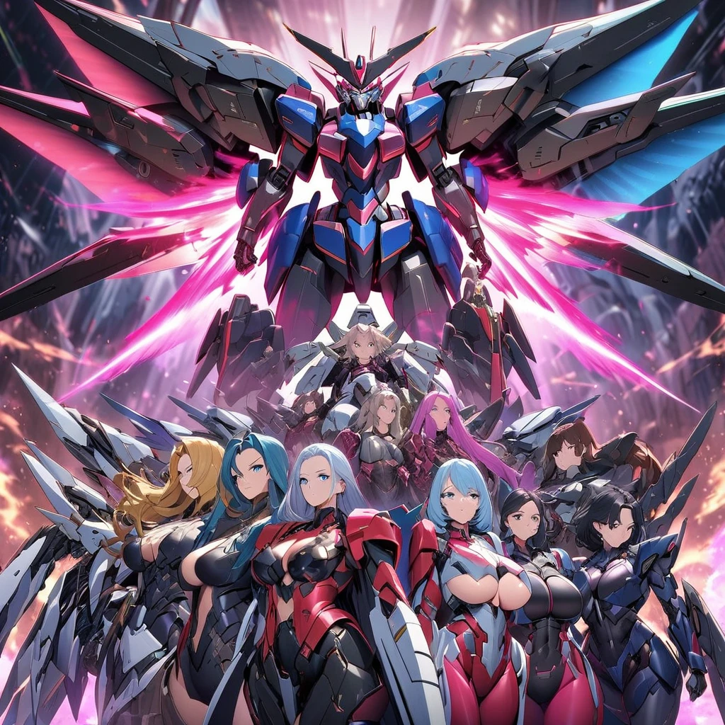 Anime, high detailed, multiple womans, mature womans, mecha armor, large mechanical wings, large Gauntlet, serious, curvy body, long mechanical wings, mecha weapons、Colored armors、magenta Colored aura、BLUE Eyes, elongated pupils,  Mature Woman、magenta aura、womans surrounding, all woman's picture, background the sideral space 