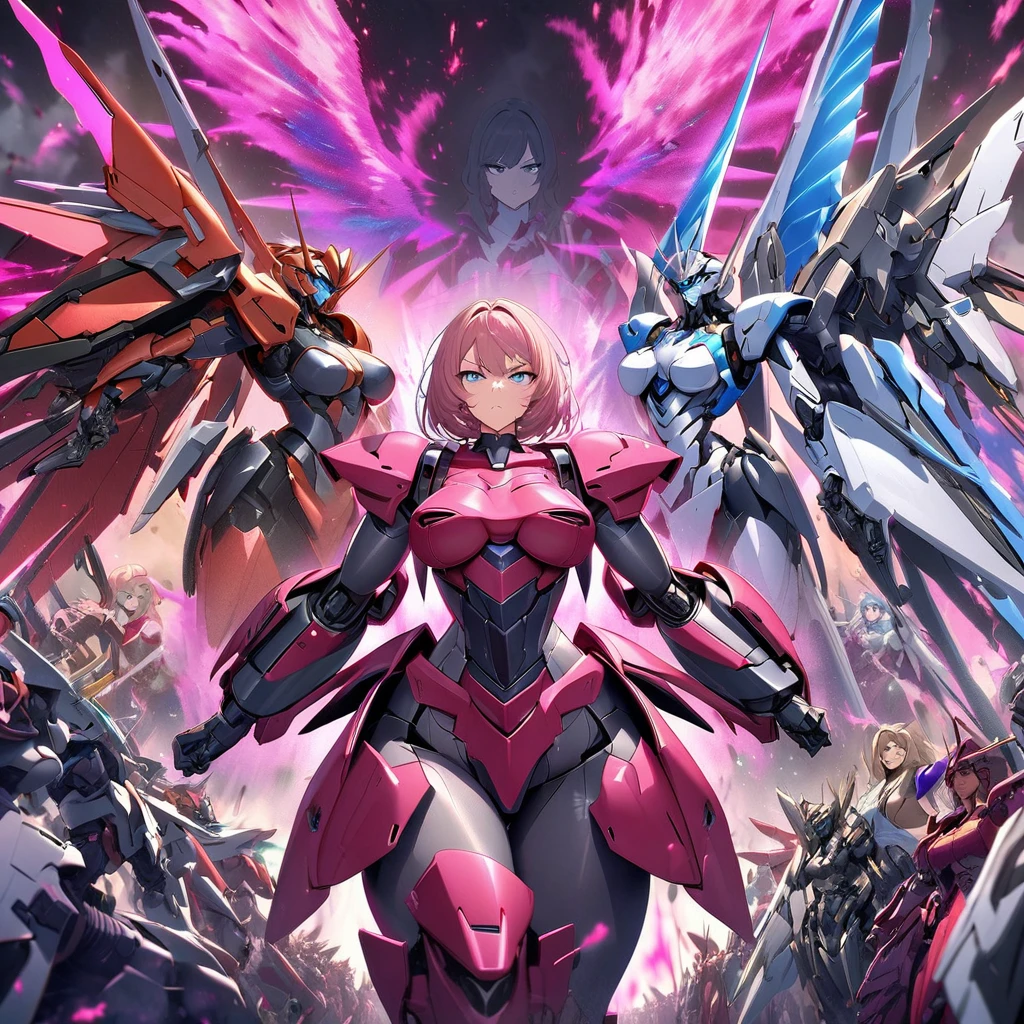 Anime, high detailed, multiple womans, mature womans, mecha armor, large mechanical wings, large Gauntlet, serious, curvy body, long mechanical wings, mecha weapons、Colored armors、magenta Colored aura、BLUE Eyes, elongated pupils,  Mature Woman、magenta aura、womans surrounding, all woman's picture, background the sideral space 