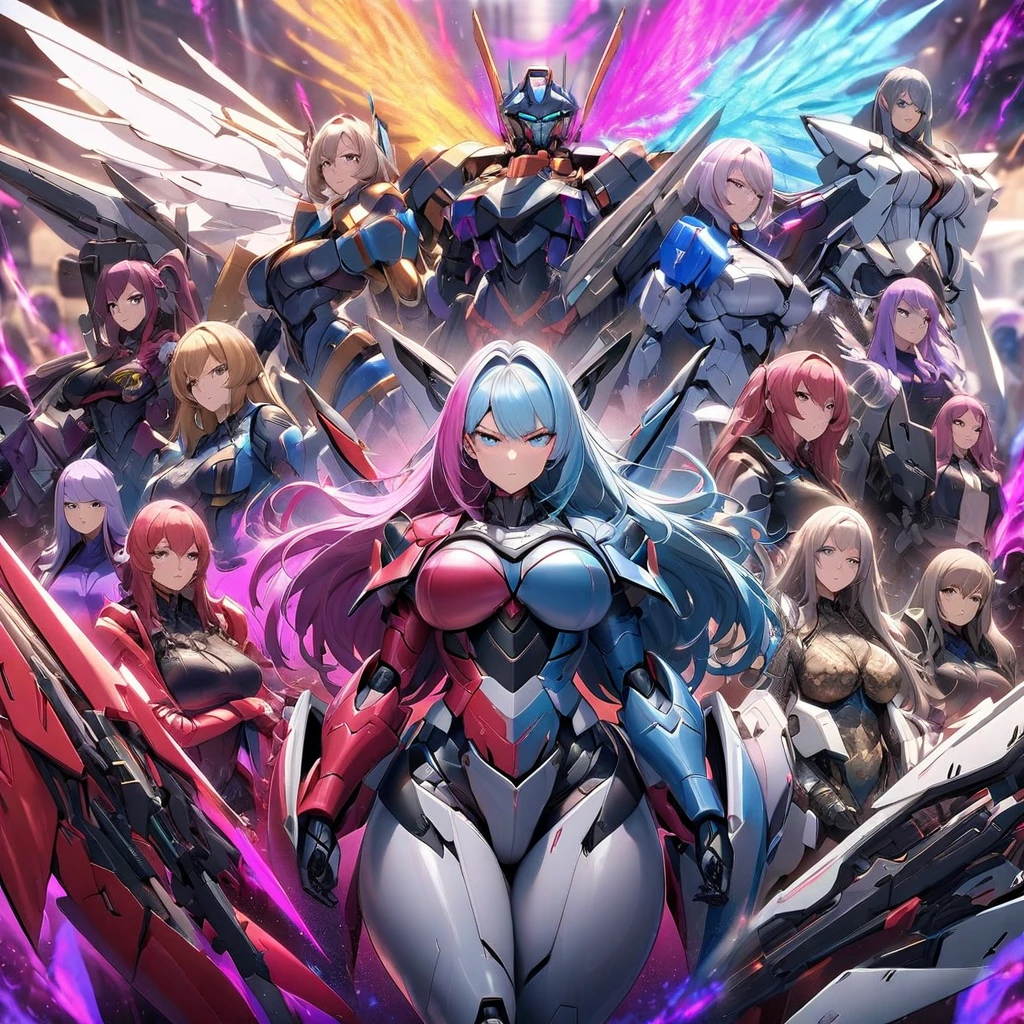 Anime, high detailed, multiple womans, mature womans, mecha armor, large mechanical wings, large Gauntlet, serious, curvy body, long mechanical wings, mecha weapons、Colored armors、magenta Colored aura、BLUE Eyes, elongated pupils,  Mature Woman、magenta aura、womans surrounding, all woman's picture, background the sideral space 