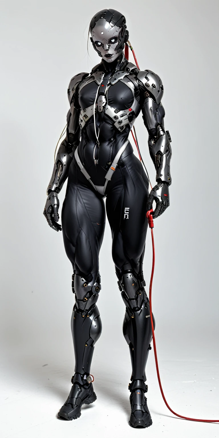 score_9, score_8_up, score_7_up, photo, photorealistic, Gorgeous sexy muscular (skinny) cyborg girl, (white eyes, black sclera:1.5), (full cyborg mechaExosuit:1.45), (black metallic cyborg arms, legs, thighs, & torso:1.75), goth makeup,  sinozick style, (skinny legs:-0.75), (full body view:1.45), (flat chest, bodybuilder physique:1.45), (many cable extensions protruding from head:1.45), (beautiful girl face:1.25)