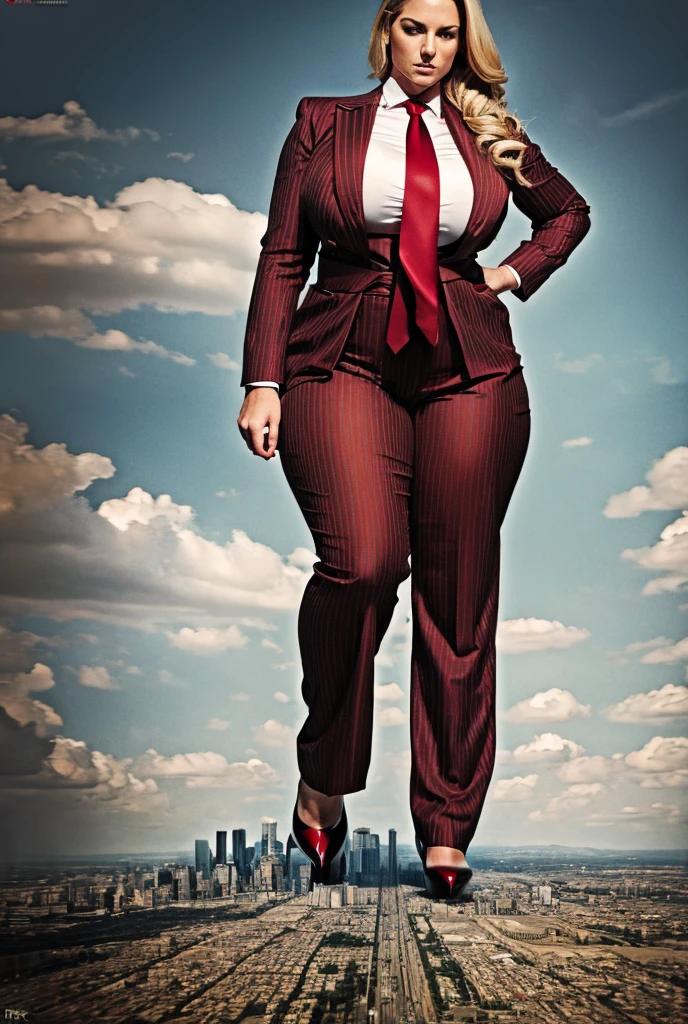 A sophisticated and stylish woman in a grey pinstriped trouser suit, white shirt, and a large wide red necktie in a windsor knot, with a beautiful, curvaceous figure, massive breasts, and long blonde hair, with a curvaceous figure and massive breasts. wearing red rounded platform high heels with uncovered feet and standing, rampage-like pose, with a cityscape background of mega-city, urban sprawl, and small towns, partially obscured by a hazy, cloudy atmosphere. The image is a high-resolution, masterpiece-quality, cinematic, ultra-detailed, and hyper-photorealistic photograph, with perfect hands, face, and lighting. ultra-detailed, 8K, photo-realistic, hyper-realistic, masterpiece, intricate details, full body view. Looking at camera, The image is a high-resolution, masterpiece-quality, cinematic, ultra-detailed, and hyper-photorealistic photograph, with perfect hands, face, and lighting. ultra-detailed, 8K, photo-realistic, hyper-realistic, masterpiece, intricate details, full body view