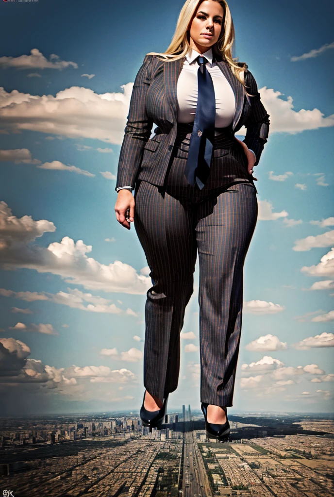 A sophisticated and stylish woman in a grey pinstriped trouser suit, white shirt, and a large wide necktie in a windsor knot, with a beautiful, curvaceous figure, massive breasts, and long blonde hair, with a curvaceous figure and massive breasts. wearing red rounded platform high heels with uncovered feet and standing, rampage-like pose, with a cityscape background of mega-city, urban sprawl, and small towns, partially obscured by a hazy, cloudy atmosphere. The image is a high-resolution, masterpiece-quality, cinematic, ultra-detailed, and hyper-photorealistic photograph, with perfect hands, face, and lighting. ultra-detailed, 8K, photo-realistic, hyper-realistic, masterpiece, intricate details, full body view. Looking at camera, The image is a high-resolution, masterpiece-quality, cinematic, ultra-detailed, and hyper-photorealistic photograph, with perfect hands, face, and lighting. ultra-detailed, 8K, photo-realistic, hyper-realistic, masterpiece, intricate details, full body view