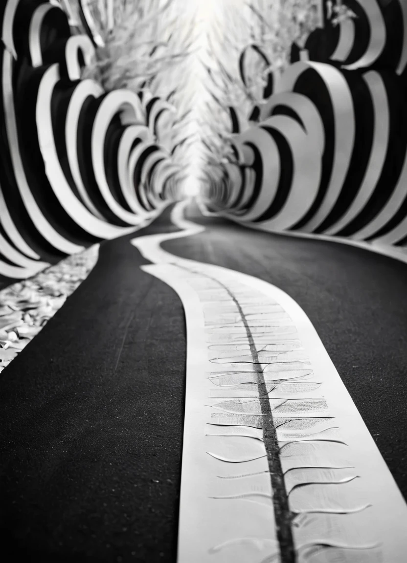 Soul of paper in front of an abstract background with a long road, high contrast, shallow depth of field, blurry, bright, white,
