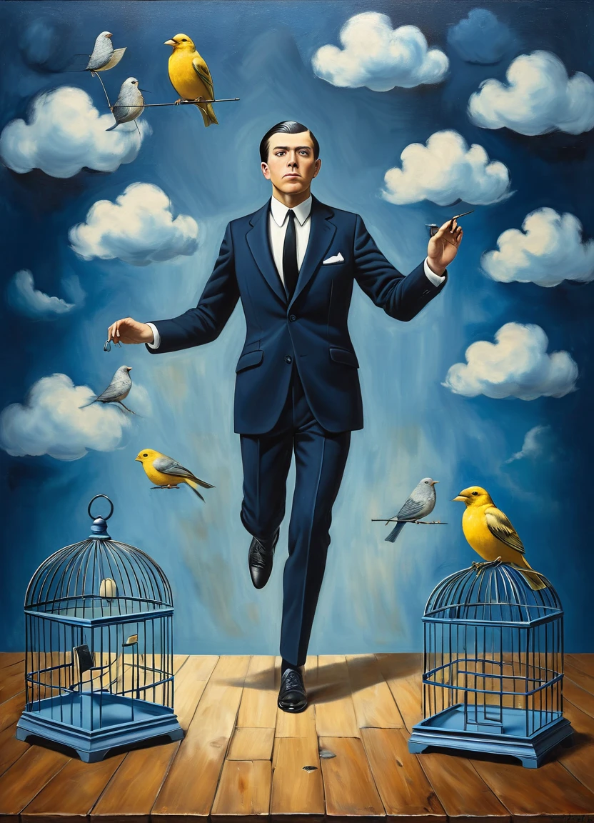 a businessman in a dark blue suit, he ((try to cover small canary with a birdcage)) canary runs on table in front of him, (painted clouds blue background), front view, man looking to camera, rene magritte style, rene magritte art, rene magritte 