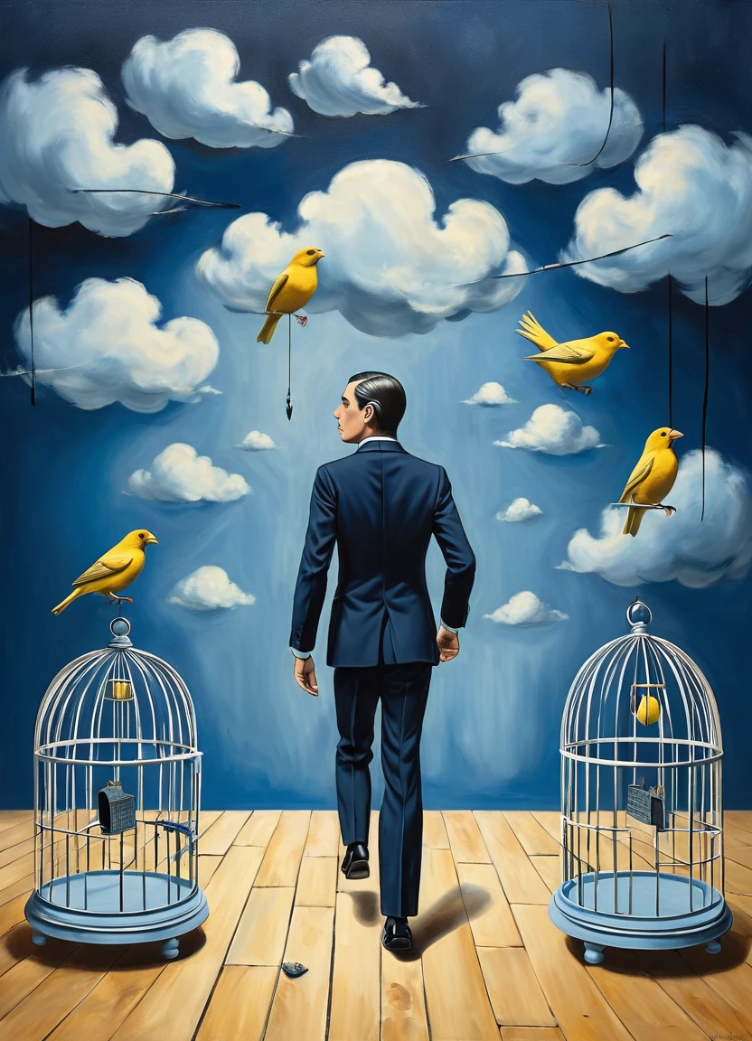 a businessman in a dark blue suit, he ((try to cover small canary with a birdcage)) canary runs on table in front of him, (painted clouds blue background), front view, man looking to camera, rene magritte style, rene magritte art, rene magritte 