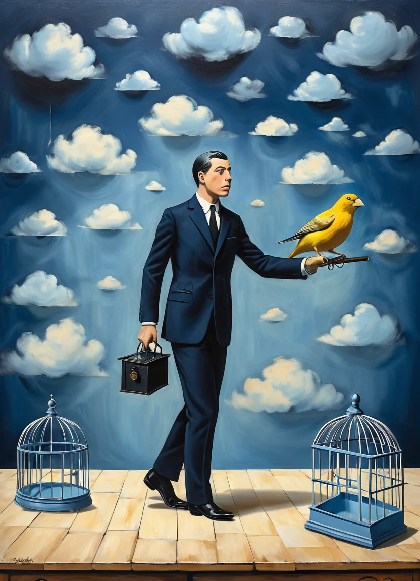 a businessman in a dark blue suit, he ((try to cover small canary with a birdcage)) canary runs on table in front of him, (painted clouds blue background), front view, man looking to camera, rene magritte style, rene magritte art, rene magritte 