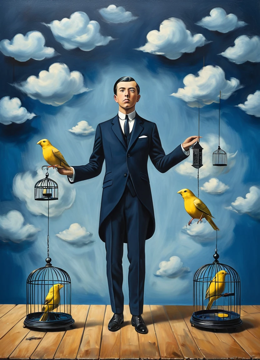 a businessman in a dark blue suit, he ((try to cover small canary with a birdcage)) canary runs on table in front of him, (painted clouds blue background), front view, man looking to camera, rene magritte style, rene magritte art, rene magritte 