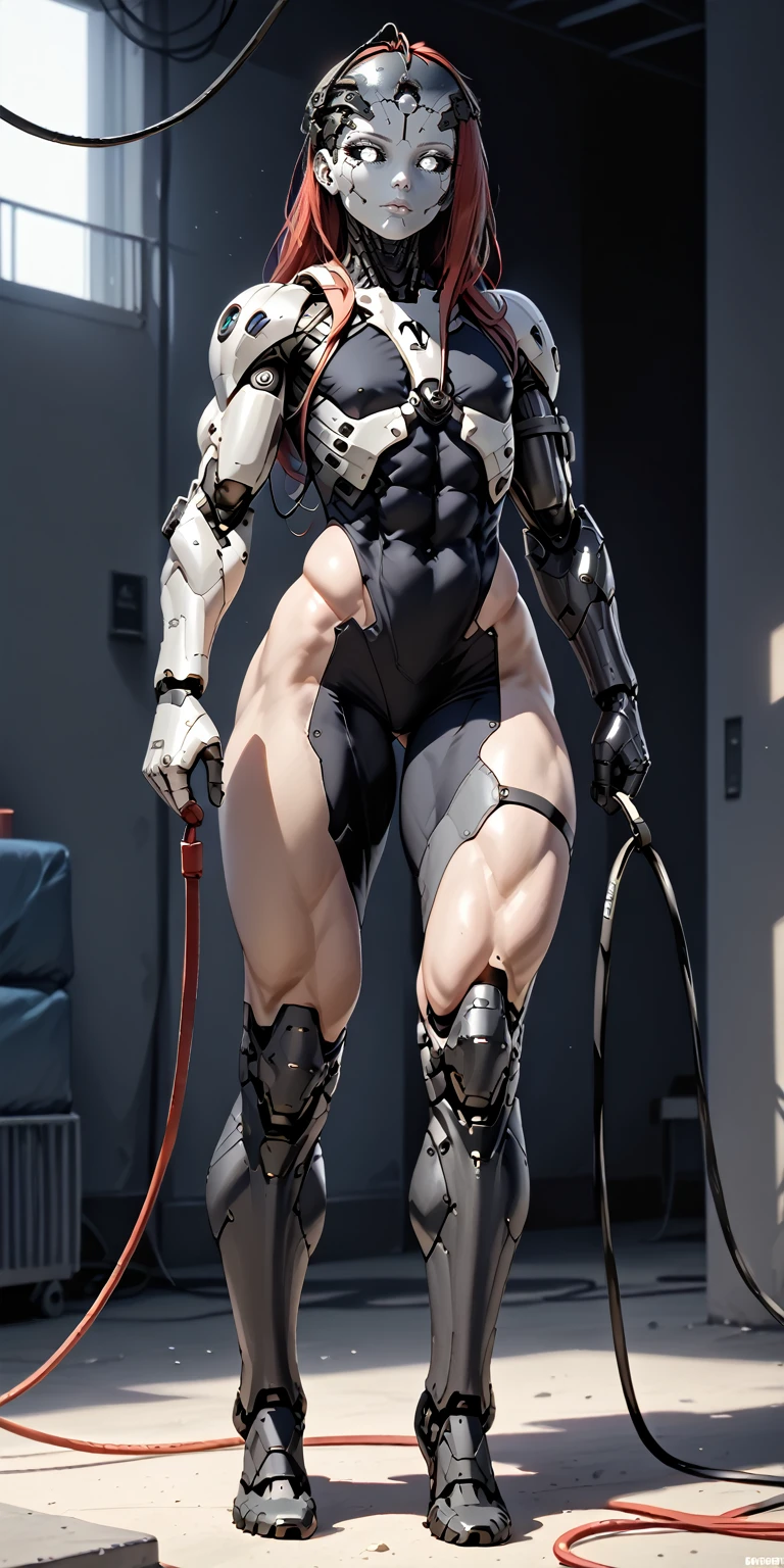 score_9, score_8_up, score_7_up, photo, photorealistic, Gorgeous sexy muscular (skinny) cyborg girl, (white eyes, black sclera:1.5), (full cyborg mechaExosuit:1.45), (black metallic cyborg arms, legs, thighs, & torso:1.75), goth makeup,  sinozick style, (skinny legs:-0.75), (full body view:1.45), (flat chest, bodybuilder physique:1.45), (cable extensions on head instead of hair:1.45), (beautiful girl face:1.25)