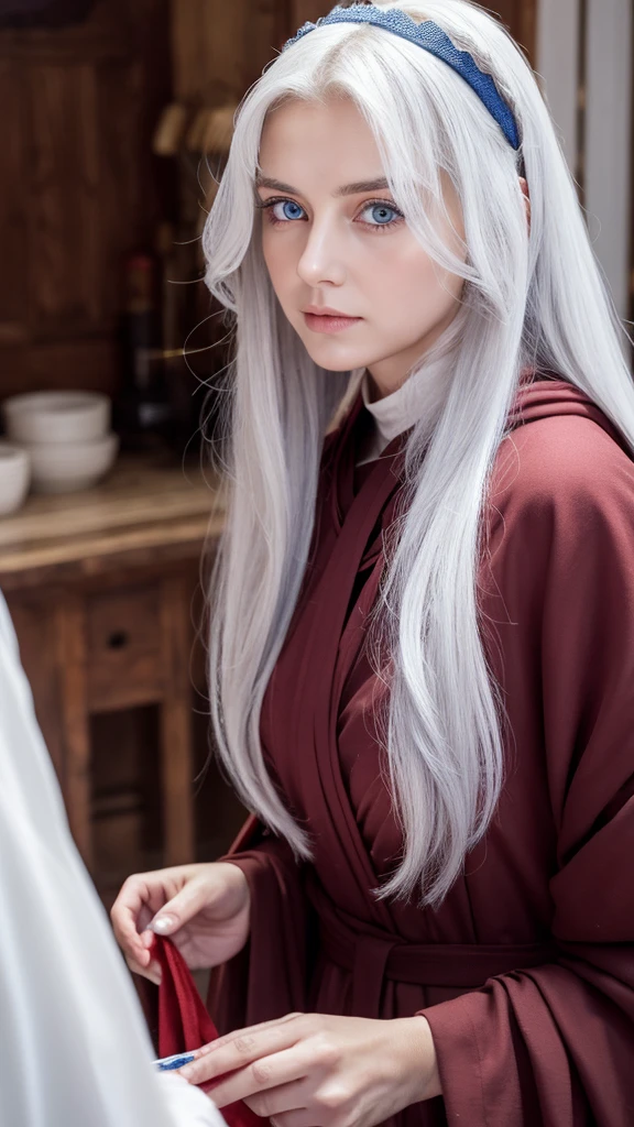  beautiful girl ,  blue eyes ,   Long white hair ,  detailed facial features ,  open the red women's dress chest (monastic dress ), yurta behind, It&#39;s snowing, 