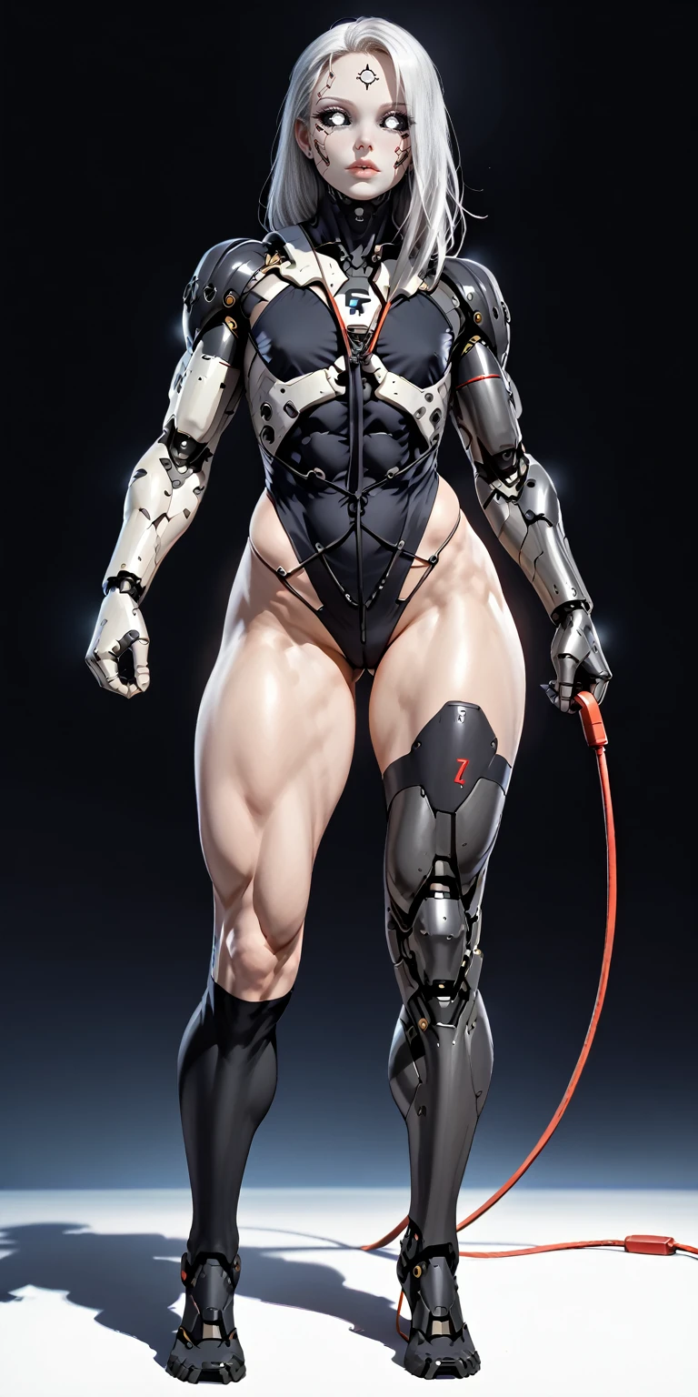 score_9, score_8_up, score_7_up, photo, photorealistic, Gorgeous sexy muscular (skinny) cyborg girl, (white eyes, black sclera:1.5), (full cyborg mechaExosuit:1.45), (black metallic cyborg arms, legs, thighs, & torso:1.75), goth makeup,  sinozick style, (skinny legs:-0.75), (full body view:1.45), (flat chest, bodybuilder physique:1.45), (cable extensions as hair:1.45), (beautiful girl face:1.25)