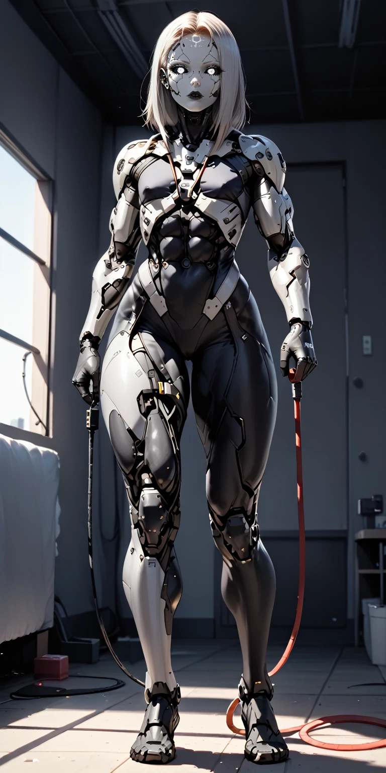 score_9, score_8_up, score_7_up, photo, photorealistic, Gorgeous sexy muscular (skinny) cyborg girl, (white eyes, black sclera:1.5), (full cyborg mechaExosuit:1.45), (black metallic cyborg arms, legs, thighs, & torso:1.75), goth makeup,  sinozick style, (skinny legs:-1.35), (full body view:1.45), (flat chest, bodybuilder physique:1.45), (cable extensions as hair:1.45), (beautiful girl face:1.25)