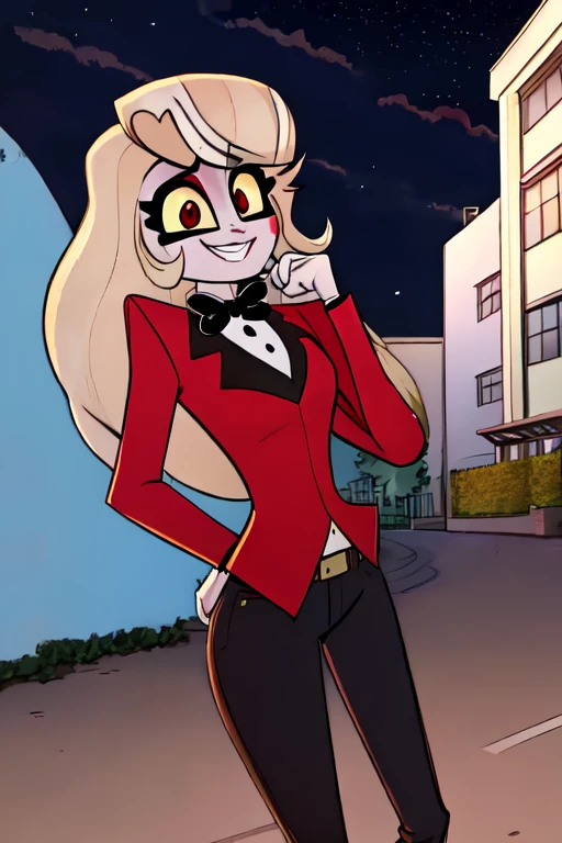 ((best quality)), ((highly detailed)), absurdres, (detailed eyes, deep eyes), (1girl), dynamic pose, cowboy shot, charlie morningstar, blonde hair, very long hair, red eyes, (colored sclera), medium breasts, smiling, red jacket, black bowtie, red pants, high heels, white footwear, (outside, at a school, building, midnight, night sky, stars, full moon, shooting star)