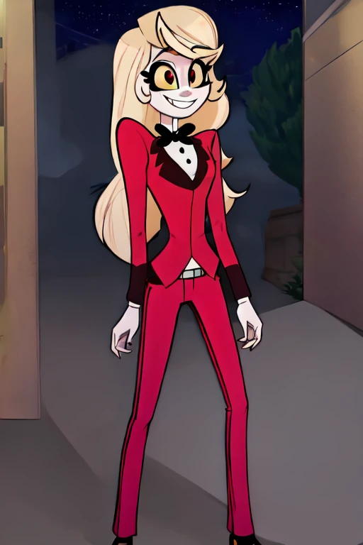 ((best quality)), ((highly detailed)), absurdres, (detailed eyes, deep eyes), (1girl), dynamic pose, cowboy shot, charlie morningstar, blonde hair, very long hair, red eyes, (colored sclera), medium breasts, smiling, red jacket, black bowtie, red pants, high heels, white footwear, (outside, at a school, building, midnight, night sky, stars, full moon, shooting star)