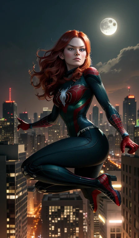 ((young Kirsten Dunst)), (Mary Jane Watson), (Masterpiece, 4k resolution, ultra-realistic, very detailed), (black superhero theme, charismatic, on top of town, wearing Spider-Man costume, she's a superhero), [ ((25 years), (long red hair:1.2), full body, (green eyes:1.2), ((Spider-Man pose), show of strength, jumping from one building to another), ((sandy urban environment):0.8), (cityscape, at night, dynamic lights), (full moon))] # Explanation: The Prompt mainly describes a 4K painting of ultra-high definition, very realistic, very detailed. It shows a superheroine at the top of the city, wearing a black Spider-Man costume. The theme in the painting is a black superhero theme, the female protagonist has long red hair, is 25 years old and her entire body is shown in the painting. In terms of portraying the actions of superheroines, spiders are employed