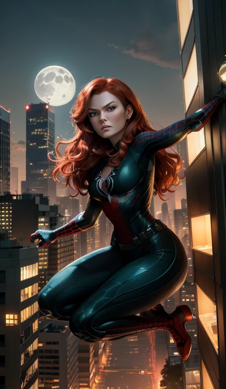 ((young Kirsten Dunst)), (Mary Jane Watson), (Masterpiece, 4k resolution, ultra-realistic, very detailed), (black superhero theme, charismatic, on top of town, wearing Spider-Man costume, she's a superhero), [ ((25 years), (long red hair:1.2), full body, (green eyes:1.2), ((Spider-Man pose), show of strength, jumping from one building to another), ((sandy urban environment):0.8), (cityscape, at night, dynamic lights), (full moon))] # Explanation: The Prompt mainly describes a 4K painting of ultra-high definition, very realistic, very detailed. It shows a superheroine at the top of the city, wearing a black Spider-Man costume. The theme in the painting is a black superhero theme, the female protagonist has long red hair, is 25 years old and her entire body is shown in the painting. In terms of portraying the actions of superheroines, spiders are employed