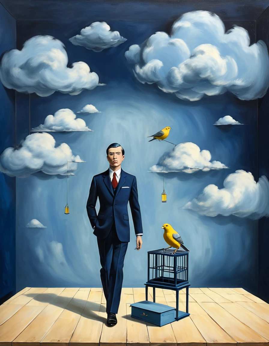 a 1businessman in a dark blue suit, he ((try to cover small 1canary with a 1birdcage)) canary runs on table in front of him, (painted clouds blue background), front view, man looking to camera, rene magritte style, rene magritte art, rene magritte 