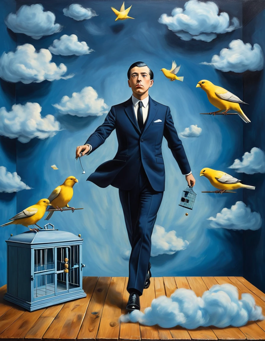 a 1businessman in a dark blue suit, he ((try to cover small 1canary with a 1birdcage)) canary runs on table in front of him, (painted clouds blue background), front view, man looking to camera, rene magritte style, rene magritte art, rene magritte 