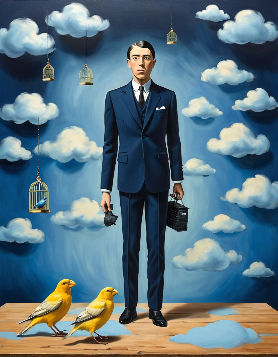 a 1businessman in a dark blue suit, he ((try to cover small 1canary with a 1birdcage)) canary runs on table in front of him, (painted clouds blue background), front view, man looking to camera, rene magritte style, rene magritte art, rene magritte 