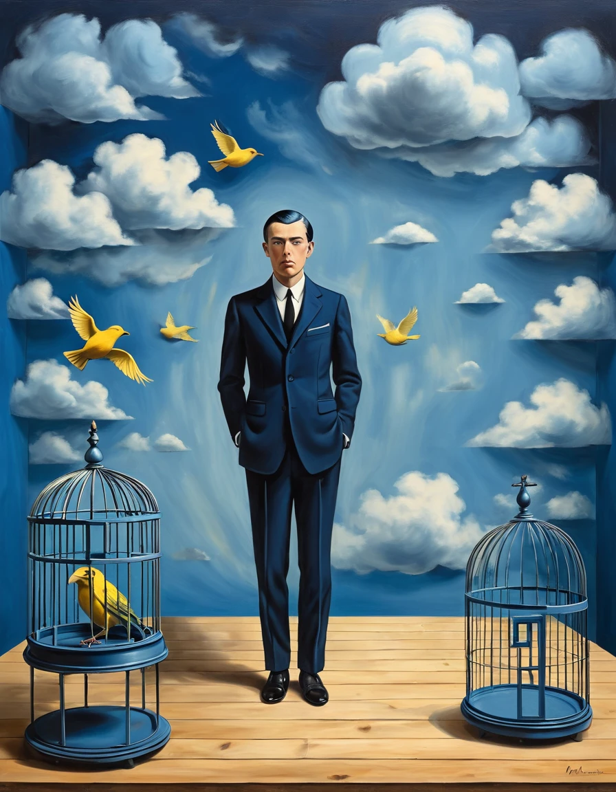 a 1businessman in a dark blue suit, he ((try to cover small 1canary with a 1birdcage)) canary runs on table in front of him, (painted clouds blue background), front view, man looking to camera, rene magritte style, rene magritte art, rene magritte 