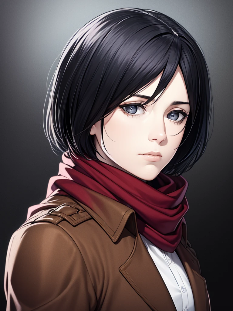 best quality, masterpiece, 8k, HDR, portrait, face, hmmikasa, dramatic, realistic, expressions, short hair, black eyes, scarf, brown jacket