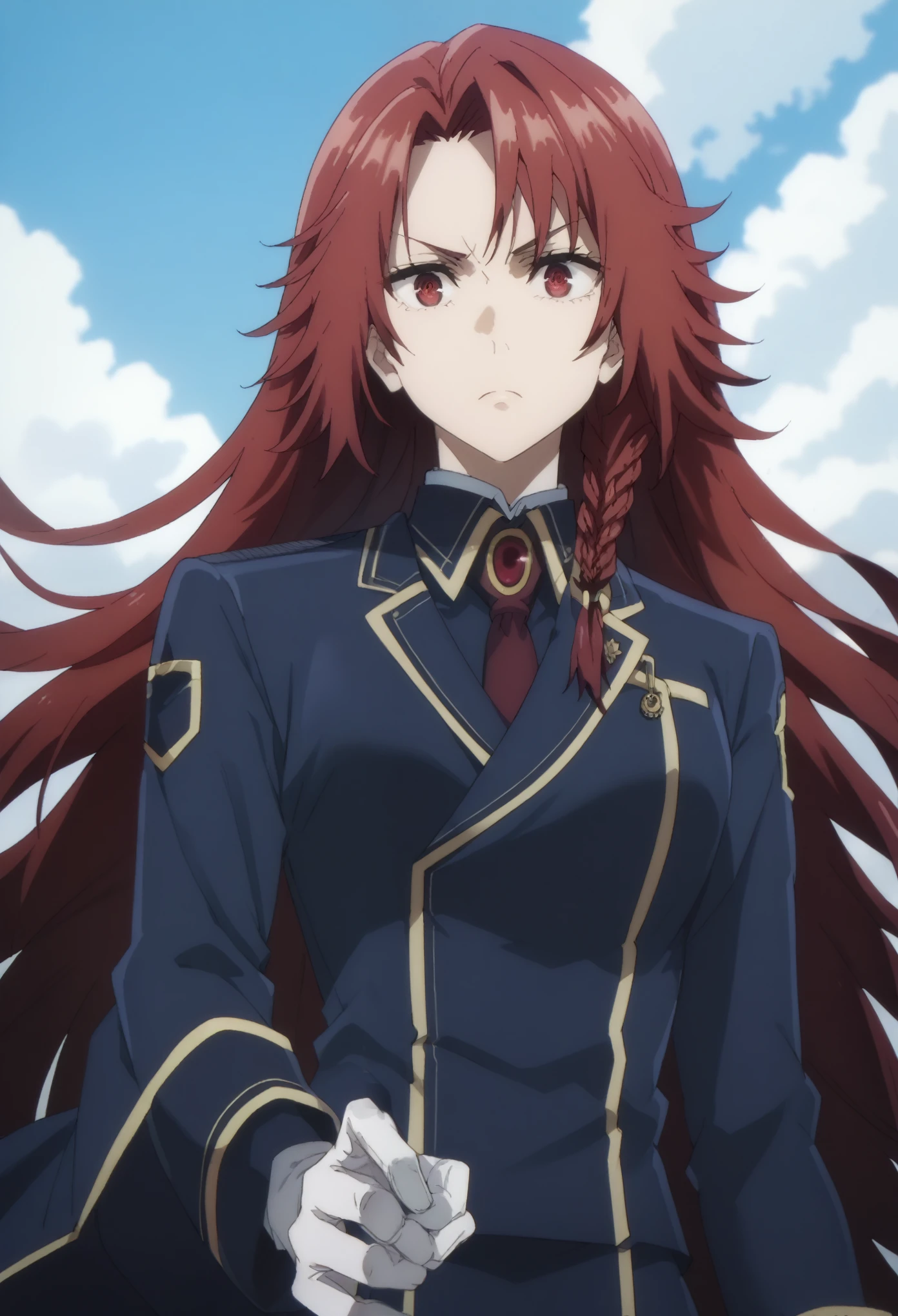 iris midgar, long hair, red eyes, braid, red hair, skirt, gloves, long sleeves, jacket, necktie, white gloves, uniform, military, military uniform,
