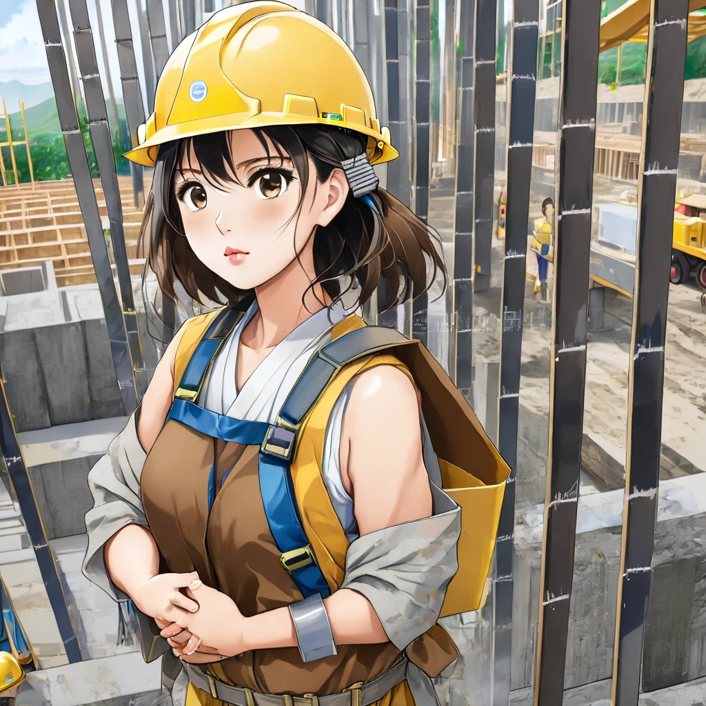  The top of the construction site is made of steel and concrete , masterpiece, Best Quality,  high definition illustration,  incredibly delicate and beautiful ,8k,Anime, A beautiful Asian woman in work clothes is standing at the construction site,(( she carries steel bars on her shoulders 、I support her with both hands )), super detailed face,Detailed eyes, Brown Eyes , gradation eyes in the forest, short hair, milk tea beige hair ,Eyelash extensions, the woman wears a yellow helmet , focus on women ,sweat, cowboy shot,Peaceful,Rim Light, Dynamic Angle