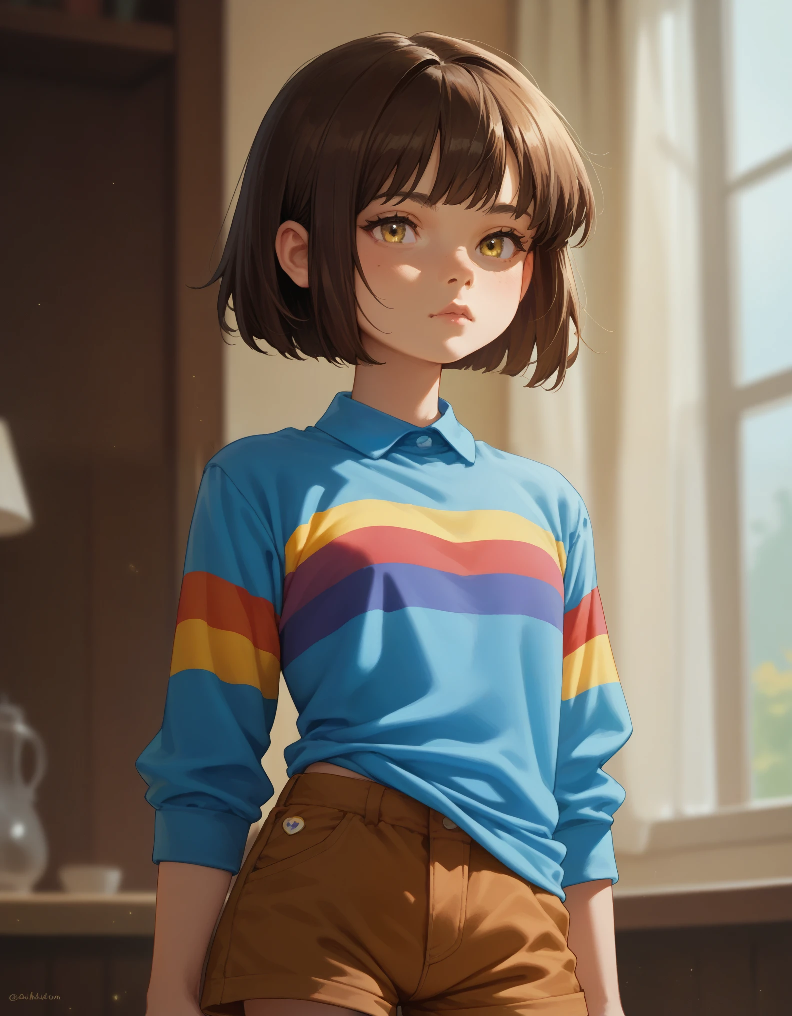 score_9, score_8_up, score_7_up,  Undertale Frisk, brown hair, brown shorts, bob cut, short hair, black pantyhose, blue shirt, yellow eyes, 1girl, solo, striped, striped shirt