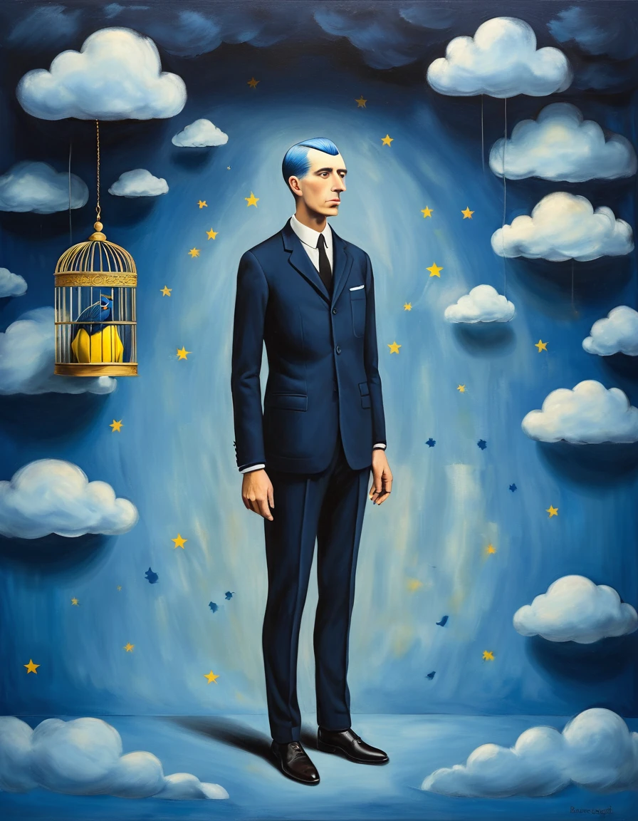 a 1businessman in a dark blue suit is caching a small 1canary with a 1birdcage, (painted clouds and europian union flag on blue background), front view, man looking to camera, rene magritte style, rene magritte art, rene magritte, 